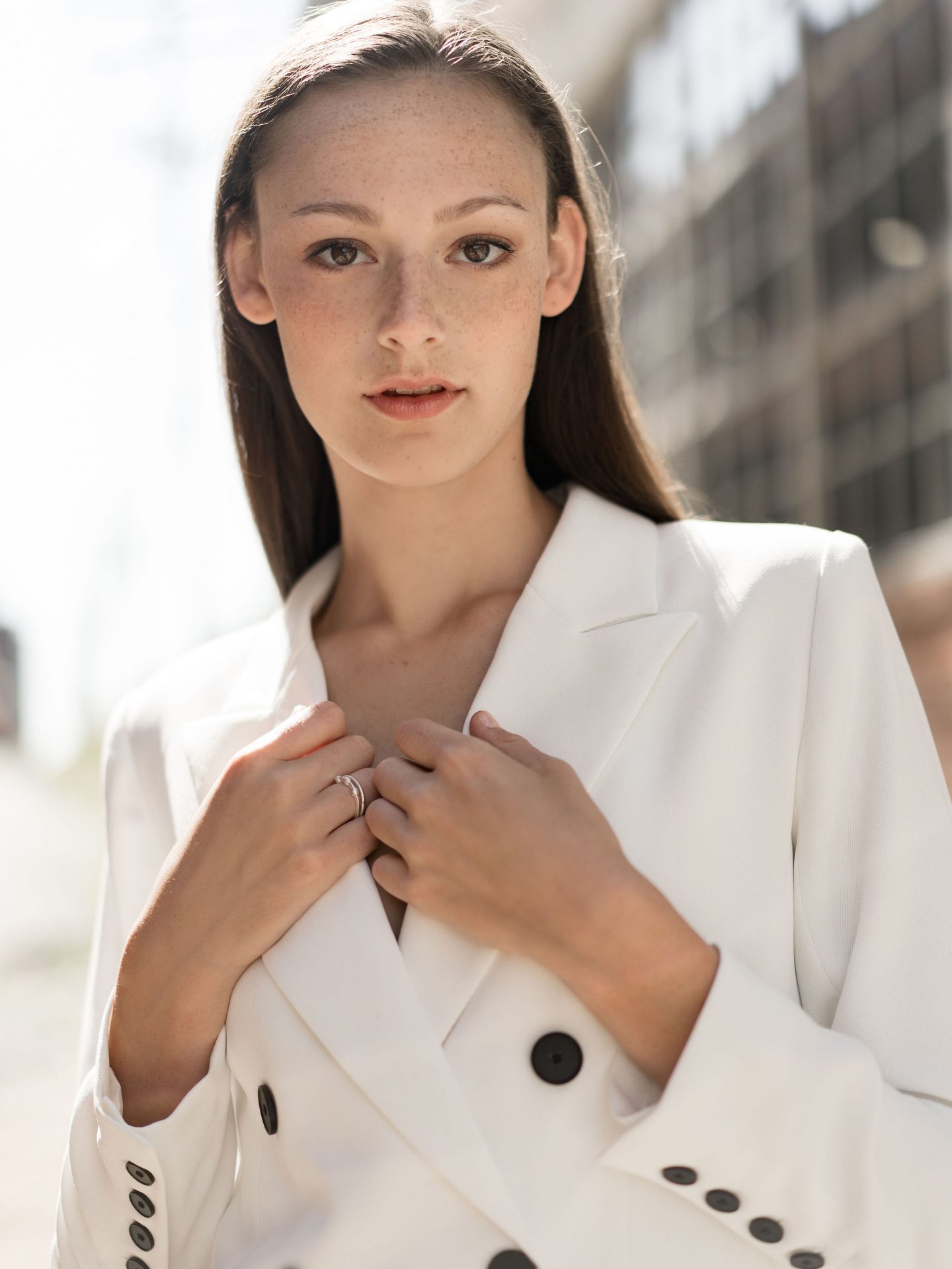 model portrait headshot in white blazer